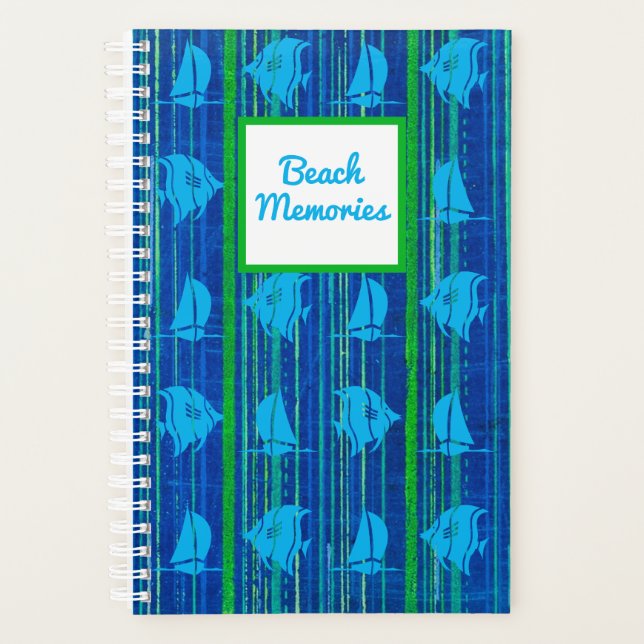 Beach Memories Nautical Blue Green Stripe Notebook Planner (Front)
