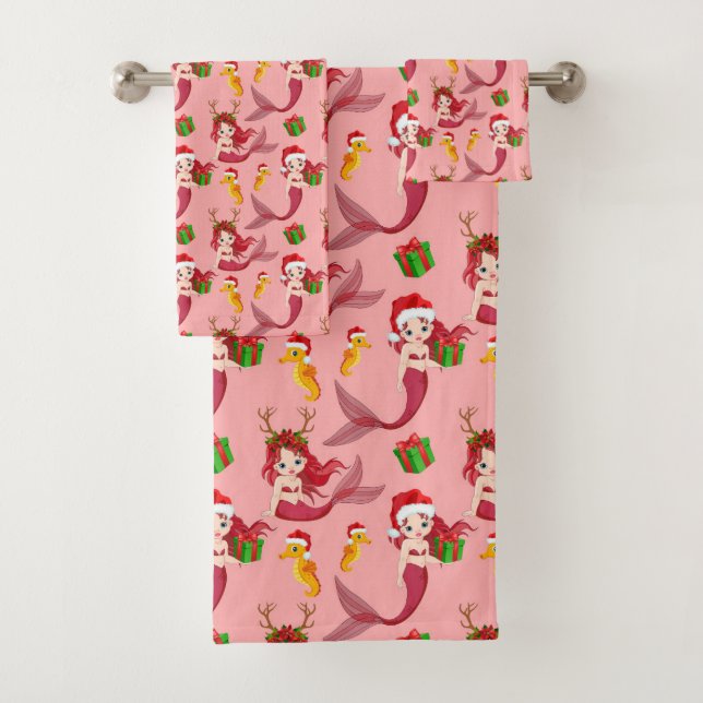 Beach mermaid and seahorse Christmas Bath Towel Set (Insitu)