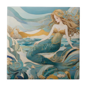 Beach Mermaid by the Sea Turquoise Gold Left side Tile