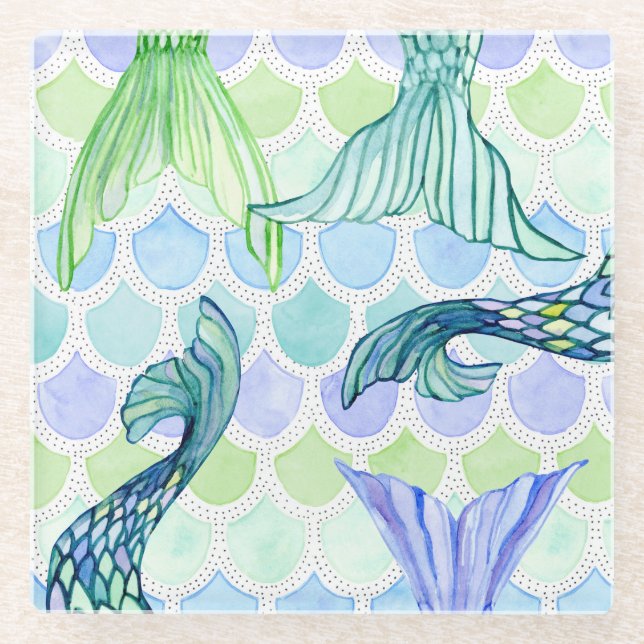 Beach Mermaid Tails Watercolor Fish Scale Pattern Glass Coaster (Front)