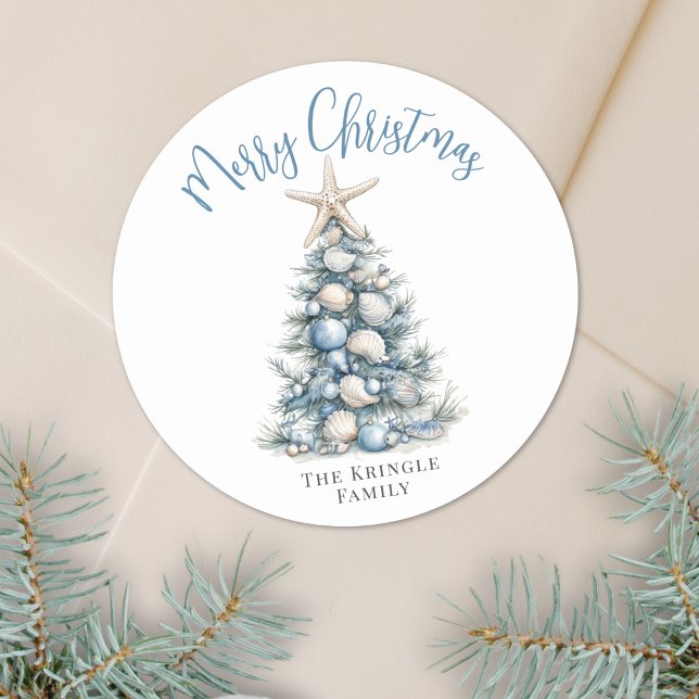 Beach Merry Christmas Classic Round Sticker (Beach Merry Christmas Classic Round Sticker)