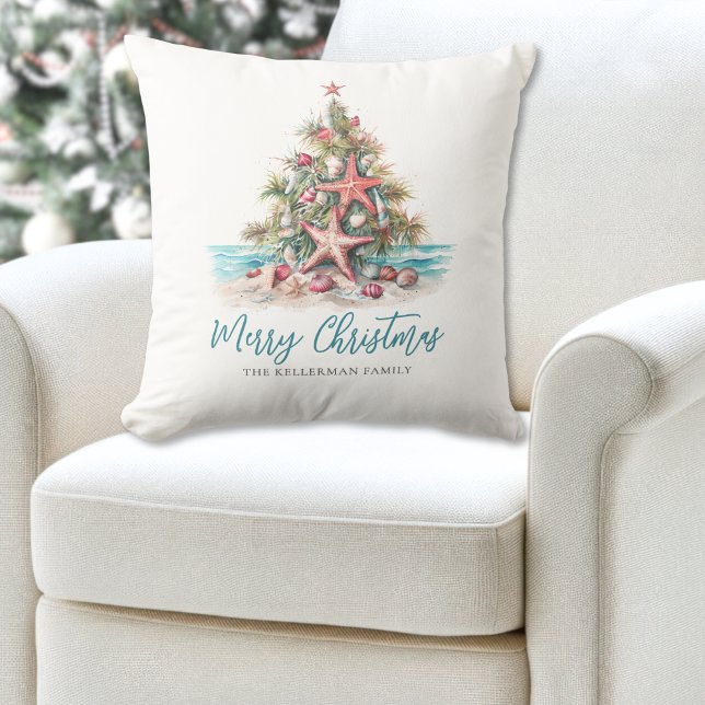 Beach Merry Christmas Tree Cushion (Beach Merry Christmas Tree Throw Pillow )