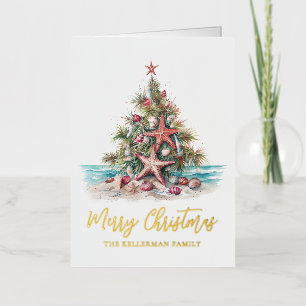 Beach Merry Christmas Tree Foil Greeting Card