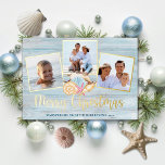 Beach Merry Christmas Wood Photo Coastal Gold<br><div class="desc">Send warm Christmas wishes from the beach with this personalised coastal holiday card with 3 photos,  and “Merry Christmas” script calligraphy printed with real gold foil. In the centre is a group of watercolor seashells,  with a beach wood background.</div>