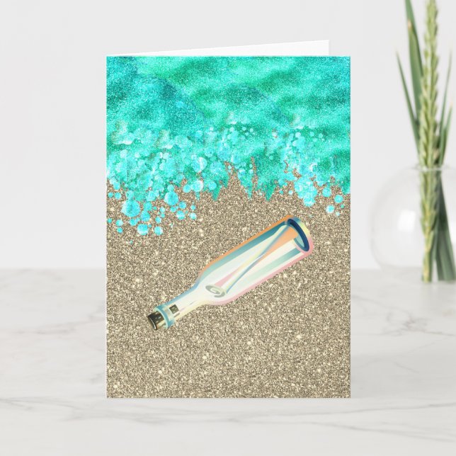 Beach message in bottle shoreline ocean sand  card (Front)