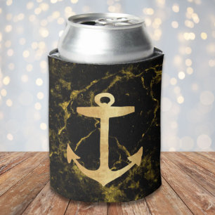 beach minimalist chic gold anchor black marble can cooler