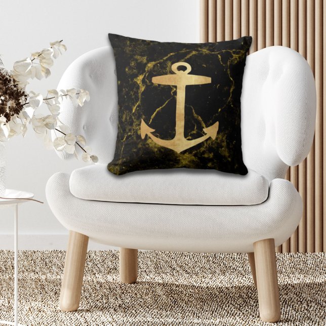beach minimalist chic gold anchor black marble cushion (beach minimalist chic gold anchor black marble throw pillow)