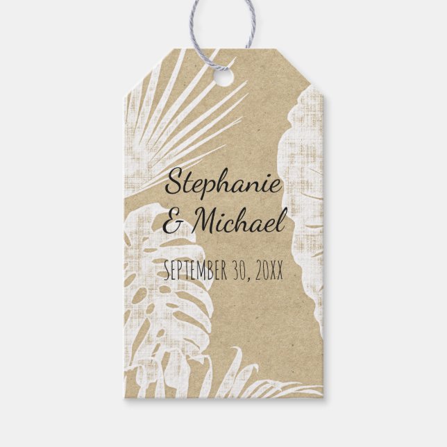 Beach Modern Simple Kraft Greenery Leaf Wedding Gift Tags (Front)