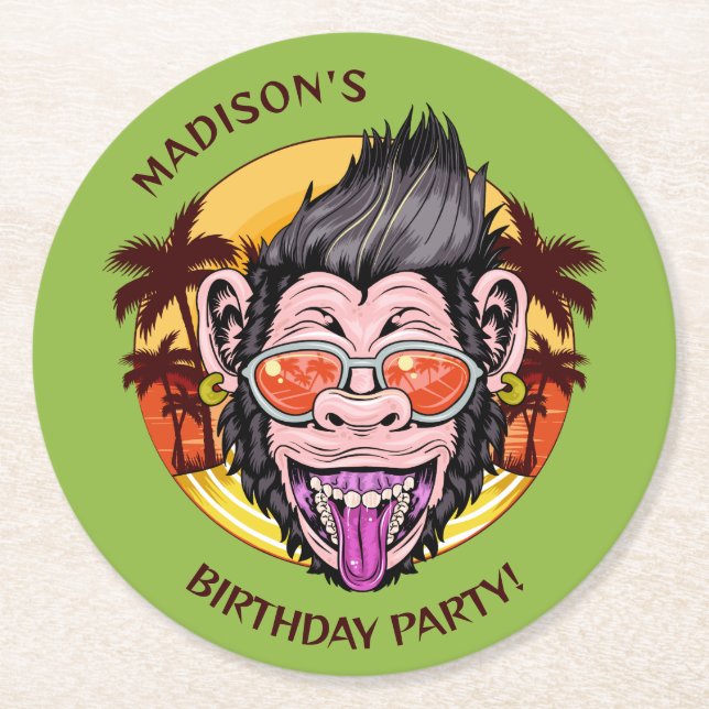 Beach Monkey custom name, text & colour Round Paper Coaster (Front)