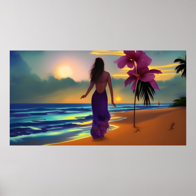 Beach moonlight stroll woman ocean purple palms  poster (Front)
