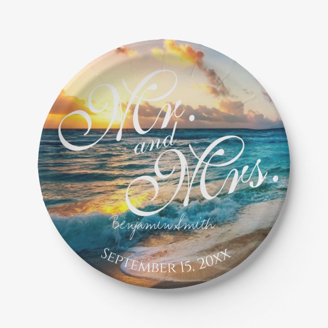 Beach Mr and Mrs Personalised Wedding Reception Paper Plate (Front)