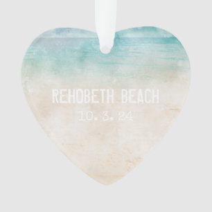 Beach NAME Ocean Aqua Sand Heart DATE Photo Ornament