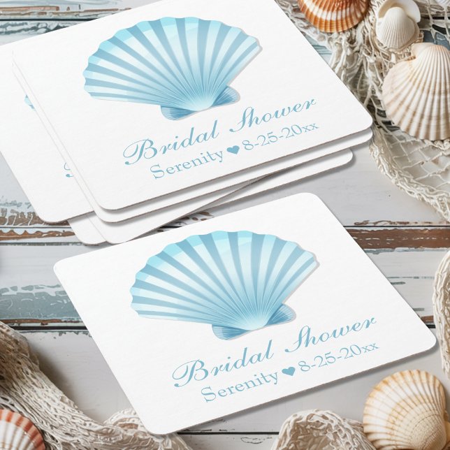 Beach Nautical Bridal Shower Shell Blue Turquoise Square Paper Coaster (Creator Uploaded)