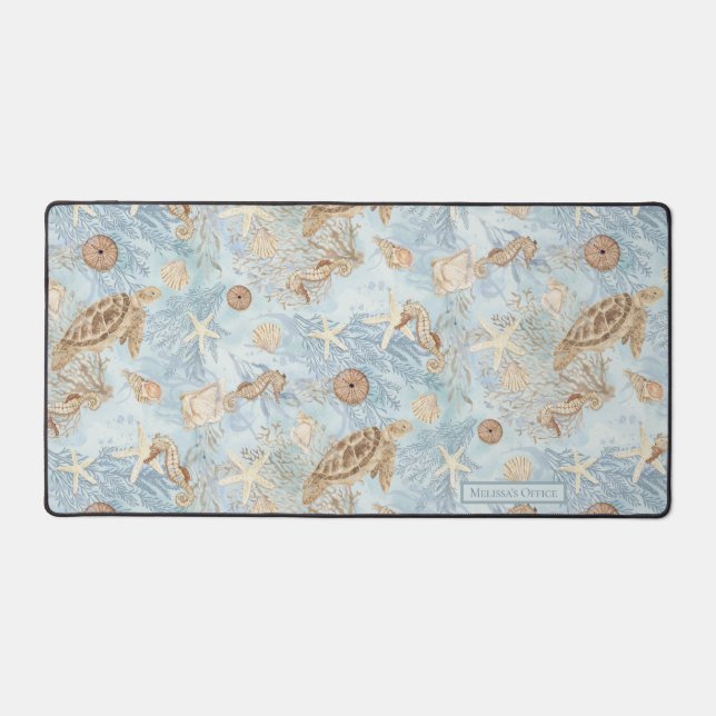 Beach Nautical Sea Turtle Seahorse Starfish Blue Desk Mat (Front)