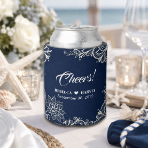 beach nautical white lace navy blue wedding can cooler