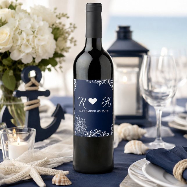 beach nautical white lace navy blue wedding wine label (beach nautical white lace navy blue wedding wine label)