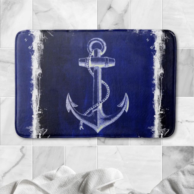 beach navy blue coastal chic nautical  anchor bath mat (beach navy blue coastal chic nautical anchor bath mat)