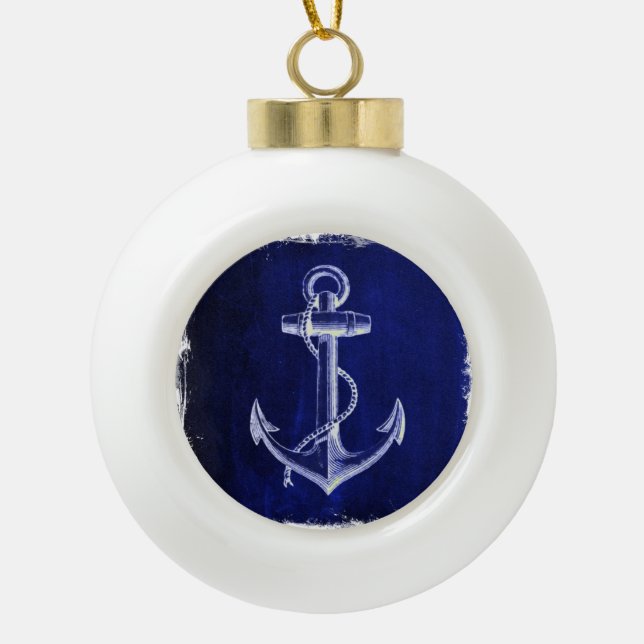 beach navy blue coastal chic nautical  anchor ceramic ball christmas ornament (Front)
