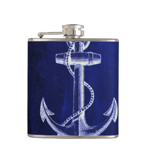 beach navy blue coastal chic nautical anchor hip flask