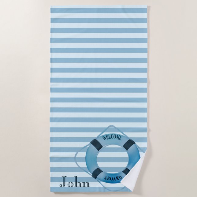 Beach Navy,Blue Striped-Personalised Towel (Front)