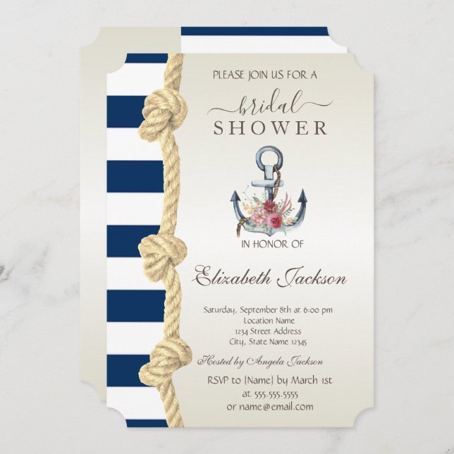 Beach,Navy Rope,Anchor Stripes  Bridal Shower  Invitation (Front/Back)