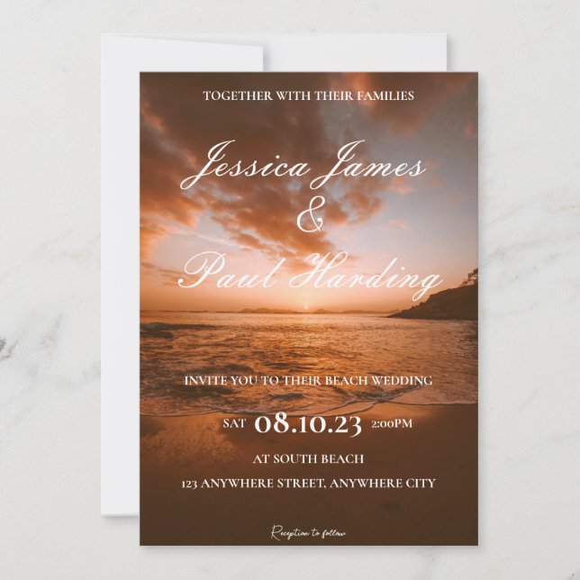 Beach Night Sunset in the Horizon Wedding Invitation (Front)