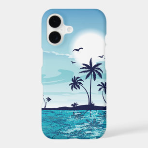 Beach Night with Moon Birds Palm Tree Ocean Cloud
