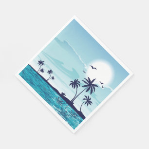 Beach Night with Moon Birds Palm Tree Ocean Napkin