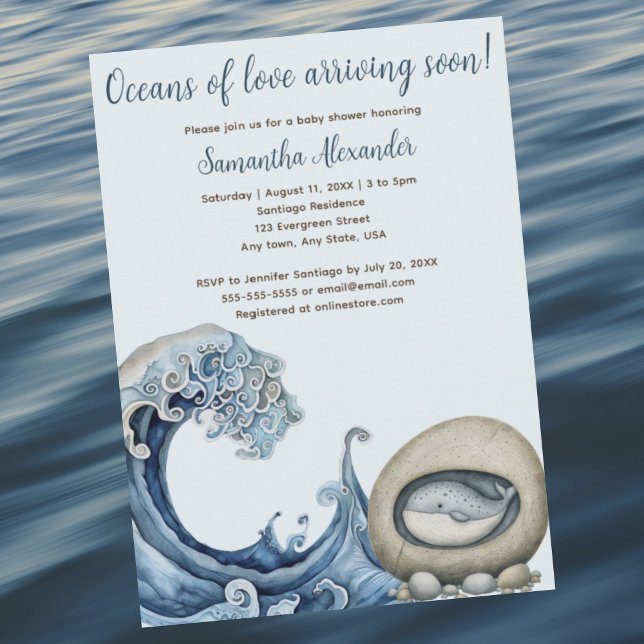 Beach Ocean baby shower Invitation (Beach Ocean baby shower invitation. Majestic wave with baby whale peeking from rock. Whimsical.)