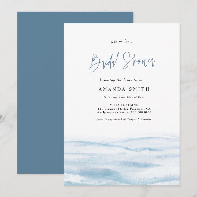 Beach Ocean Coastal Dusty Blue Bridal Shower Invitation (Front/Back)