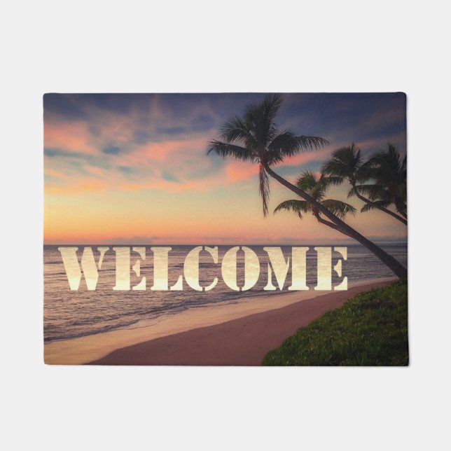 Beach, Ocean, Palm,Sunset  ,Welcome Doormat (Front)