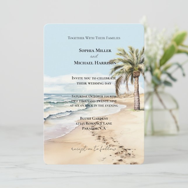 Beach Ocean Palm Tree Wedding Invitation (Standing Front)