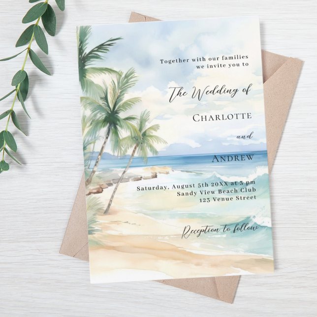 Beach ocean palm trees luxury wedding invitation (Creator Uploaded)