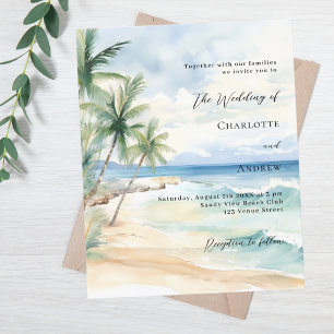 Beach ocean palm trees wedding invitation