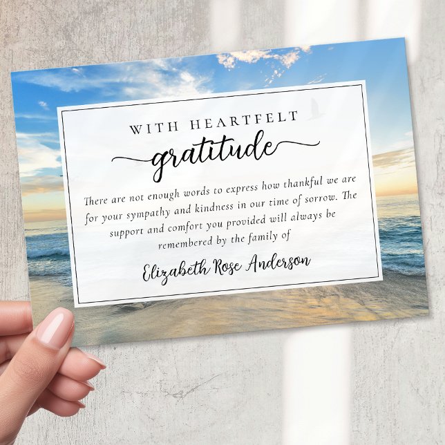 Beach Ocean Script Sympathy Funeral Thank You Card (Creator Uploaded)