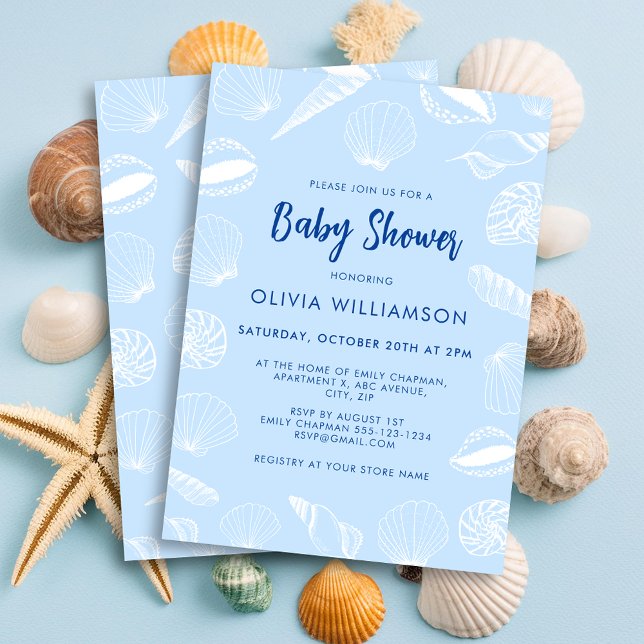 Beach Ocean Sea Shells Boy Baby Shower Invitation (Baby blue seashell baby shower invitation for beach ocean mom to be celebrations.)