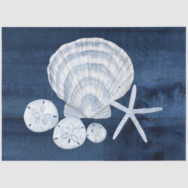 Beach Ocean Sea Shells Starfish Navy Blue White Tissue Paper (Front)