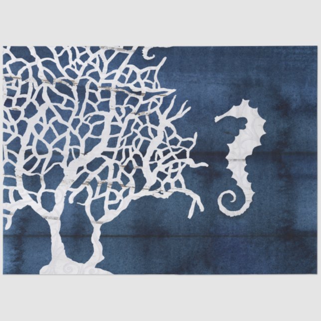 Beach Ocean Seahorse Coral Navy Blue White Wood Tissue Paper (Front)
