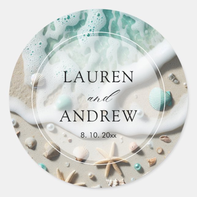 Beach Ocean Seaside Personalised Wedding Classic Round Sticker (Front)