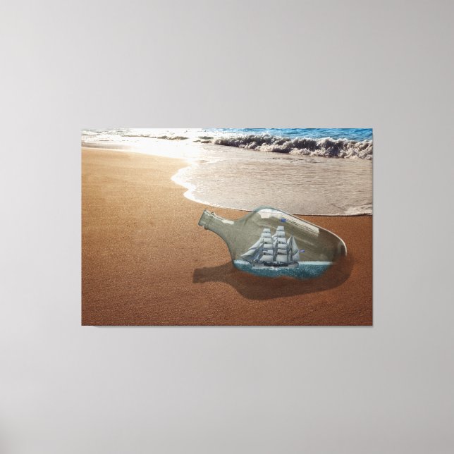 BEACH OCEAN SHIP BOTTLE STRETCHED CANVAS ART PRINT (Front)