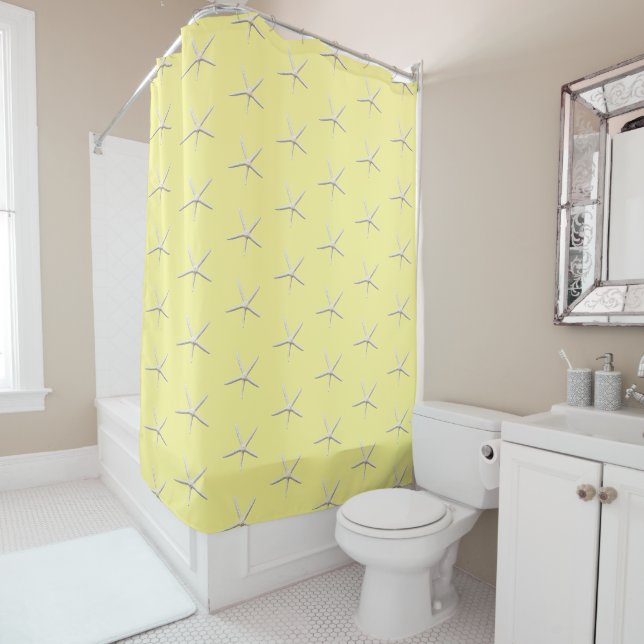 Beach Ocean Starfish Pattern Yellow Shower Curtain (In Situ)