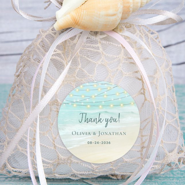 Beach Ocean String Lights Wedding Thank You Classic Round Sticker (Creator Uploaded)