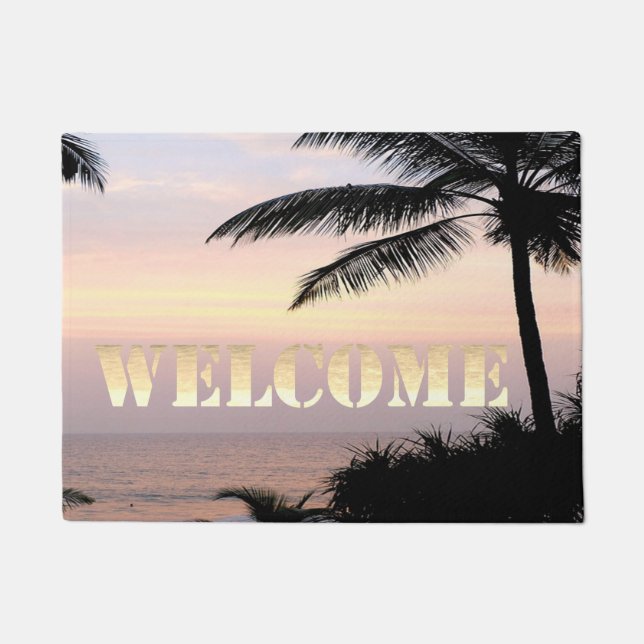 Beach, Ocean, Sunset, Palm ,Welcome Doormat (Front)