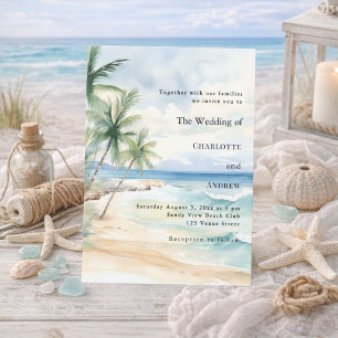 Beach ocean tropical palm destination wedding invitation