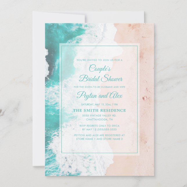 Beach Ocean Tropical Teal White Bridal Shower Invitation (Front)
