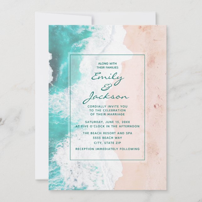 Beach Ocean Tropical Teal White Brown Wedding Invitation (Front)