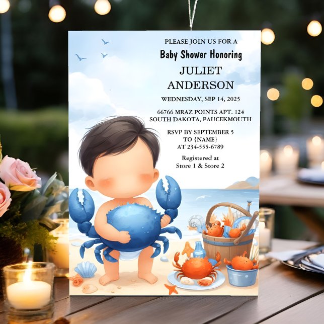 Beach Ocean Water Catch Navy Blue Crab Baby Shower Invitation (Creator Uploaded)