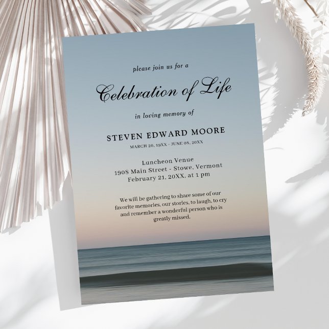 Beach Ocean Water Celebration of Life Grey Blue Invitation (Beach Celebration of Life Invitation)