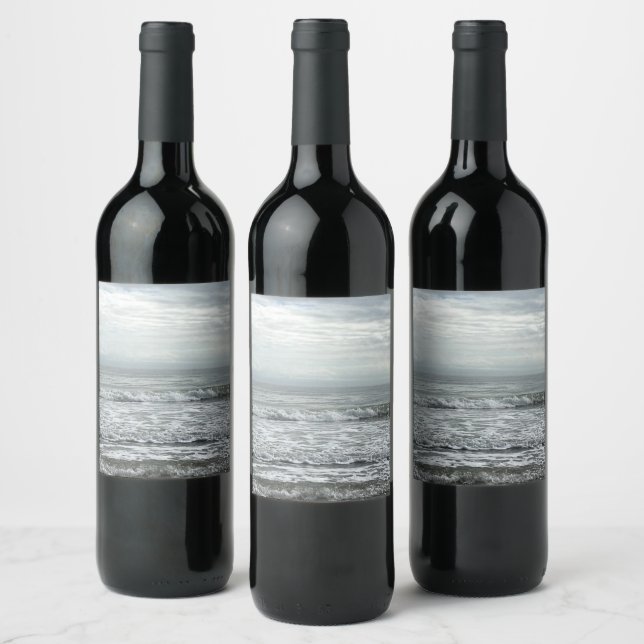 Beach Ocean Water Sky Blue White Grey Wave Coastal Wine Label (Bottles)