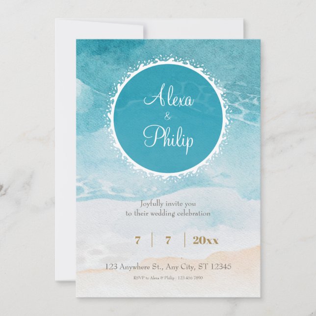 Beach, Ocean Watercolor Background Wedding Invitation (Front)